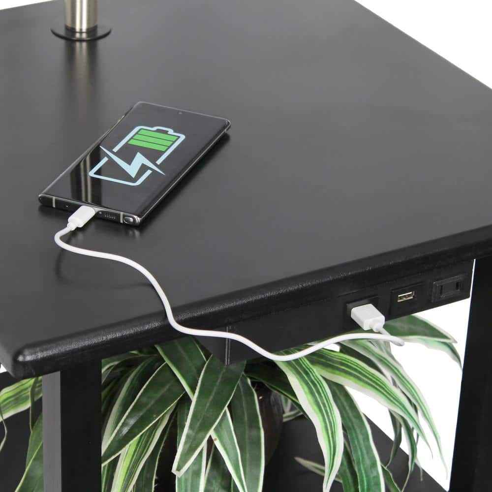 57" Black Modern 2-Tier End Table Floor Lamp with USB Ports
