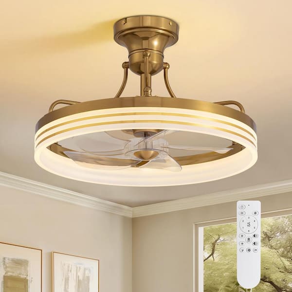 Pacific Core 19.7 in. Indoor Modern Gold Low Profile Flush Mount Ceiling Fan with Integrated Dimmable LED and Remote Included