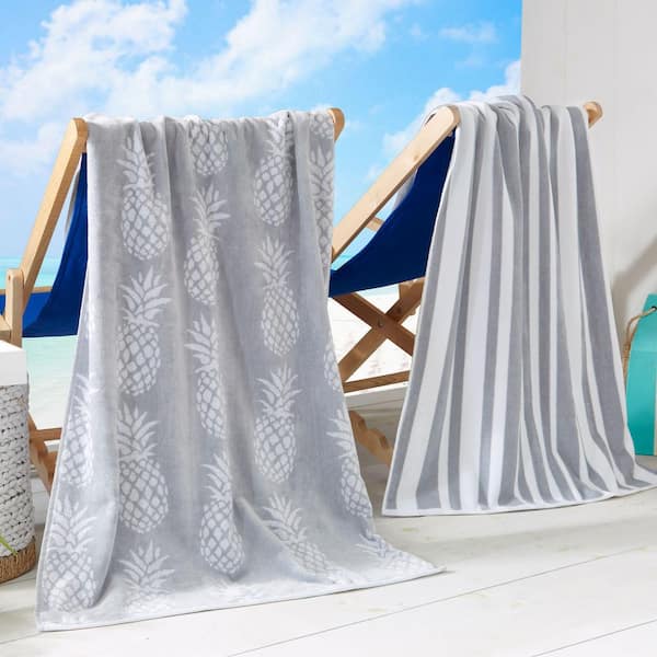 FRESHFOLDS Grey/White Pineapple and Stripe 2-Pack 100% Cotton Printed Beach Towel