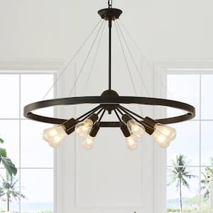 8 Lights Black Farmhouse Wagon Wheel Chandelier 31.4" Round Rustic Modern Sputnik Light Fixture for Dining Room