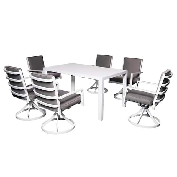 PATIOPTION Patio Dining Set, 7-Piece Aluminum Outdoor Dining Set with White Cushion and 57 in. Rectangle Table plus 6 Swivel Chair