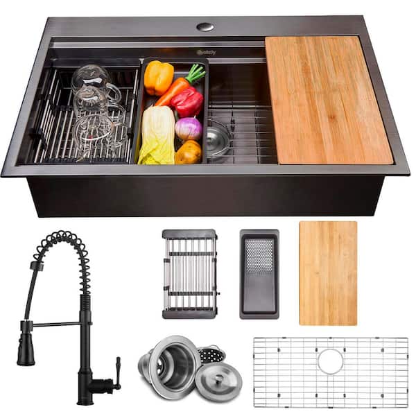 AKDY All-in-One Matte Black Finished Stainless Steel 33 in. x 22 in. Single Bowl Drop-in Kitchen Sink with Spring Neck Faucet