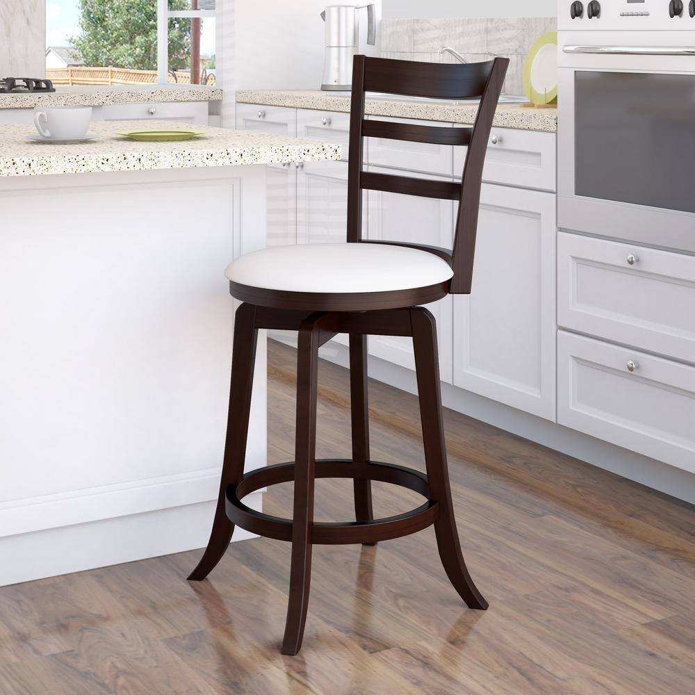 Espresso Wood Swivel Bar Stool with White Leatherette Seat