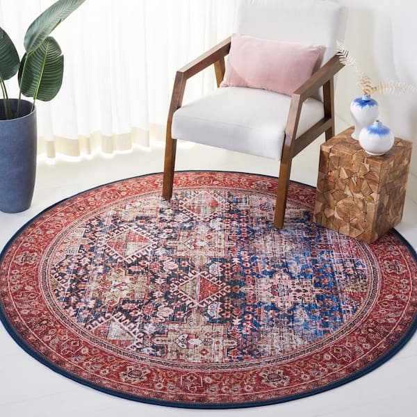 Tucson Navy/Rust 8 ft. x 8 ft. Machine Washable Border Geometric Floral Round Area Rug