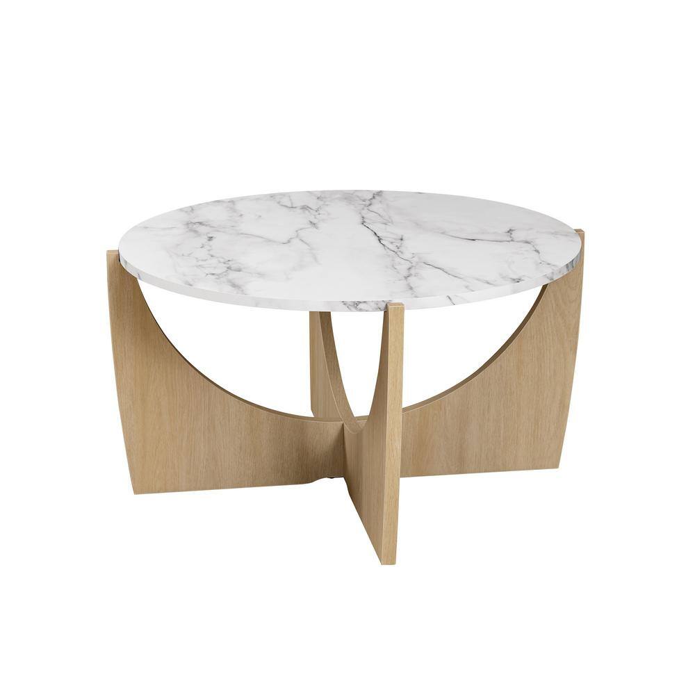 Calacatta Marble and Coastal Oak Round Coffee Table, 35 Inch