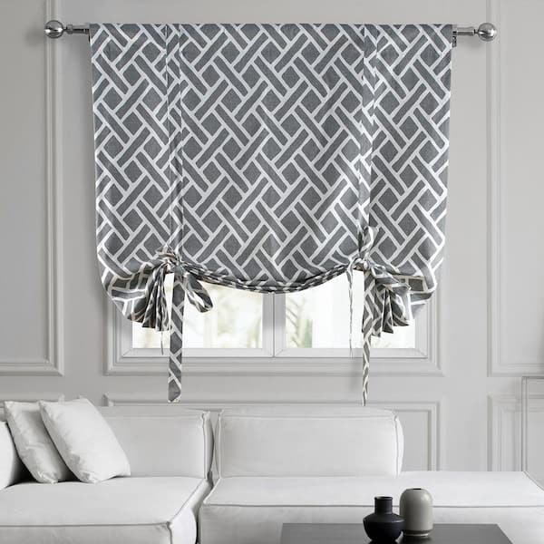 Exclusive Fabrics & Furnishings Martinique Grey Printed Cotton Rod Pocket Room Darkening Tie-Up Window Shade - 46 in. W x 63 in. L (1 Panel)