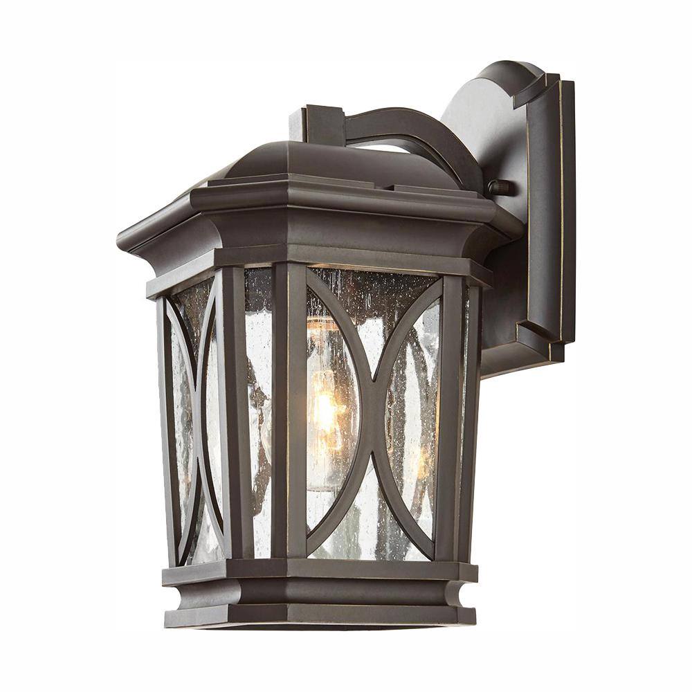 11.62 in. 1-Light Bronze with Brass Highlights Outdoor 7 in. Wall Lantern Sconce with Clear Seedy Glass price history on PriceWatchPro
