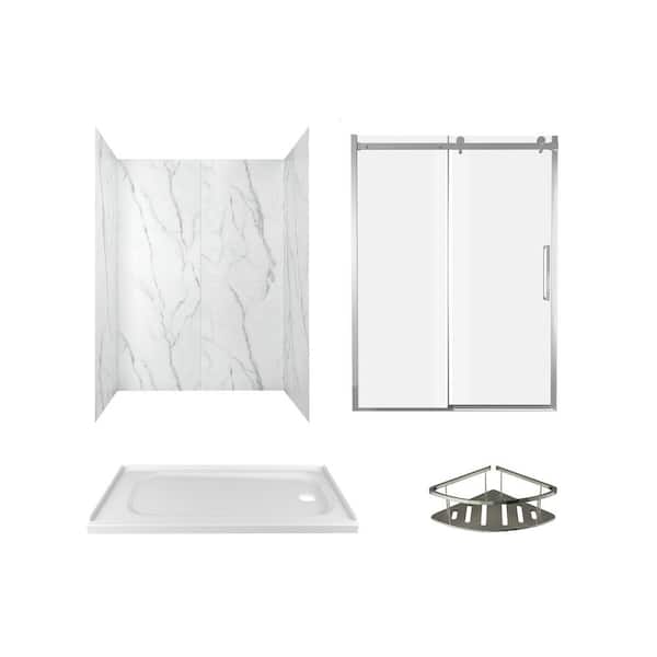 American Standard Passage 60 in. x 72 in. Right Drain 4-Piece Glue-Up Alcove Shower Wall, Shelf, Door and Base Kit in Serene Marble