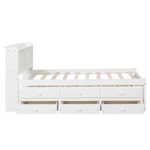 White Wood Frame Twin Size Platform Bed with Bookcase, Trundle and 3-Drawers