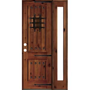 44 in. x 96 in. Medit. Knotty Alder Right-Hand/Inswing Clear Glass Red Chestnut Stain Wood Prehung Front Door w/RFSL