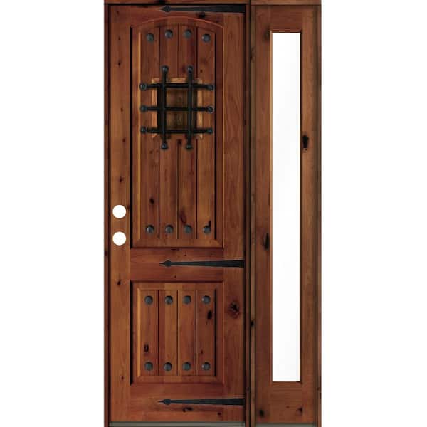 Krosswood Doors 44 in. x 96 in. Medit. Knotty Alder Right-Hand/Inswing Clear Glass Red Chestnut Stain Wood Prehung Front Door w/RFSL