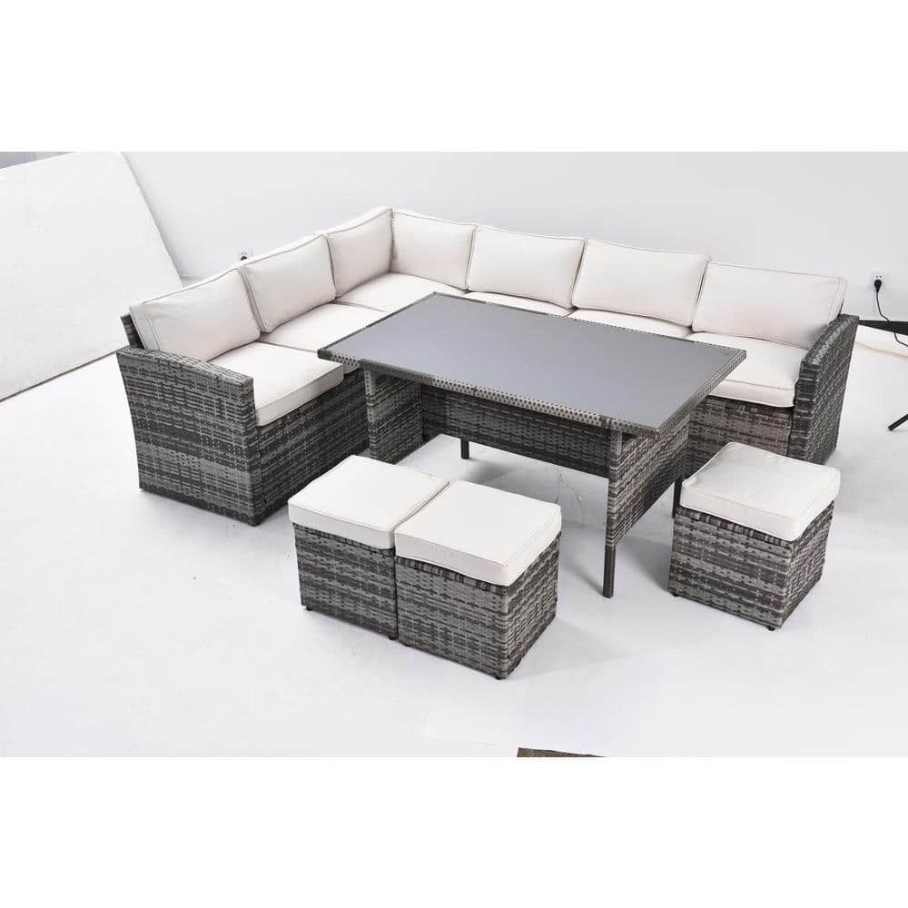 Grey 7-Piece Wicker Outdoor Sectional Set, Patio Conversation Sofa with Tab