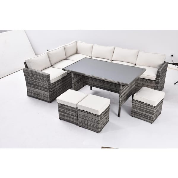 Unbranded Grey 7-Piece Wicker Outdoor Sectional Set, Patio Conversation Sofa with Table Set, Ottomans and Beige Removable Cushions