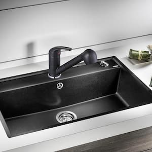 Black qt. Low Arc Single Handle Pull Out Sprayer and Stream Kitchen Sink Faucet Deckplate Included