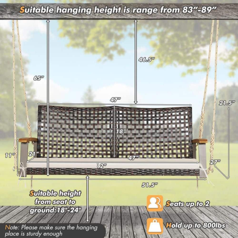 Off-White 2-Person Rattan Patio Swing with Cushion