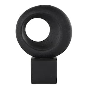 Black Polystone Textured Cutout Ring Geometric Sculpture with Block Base