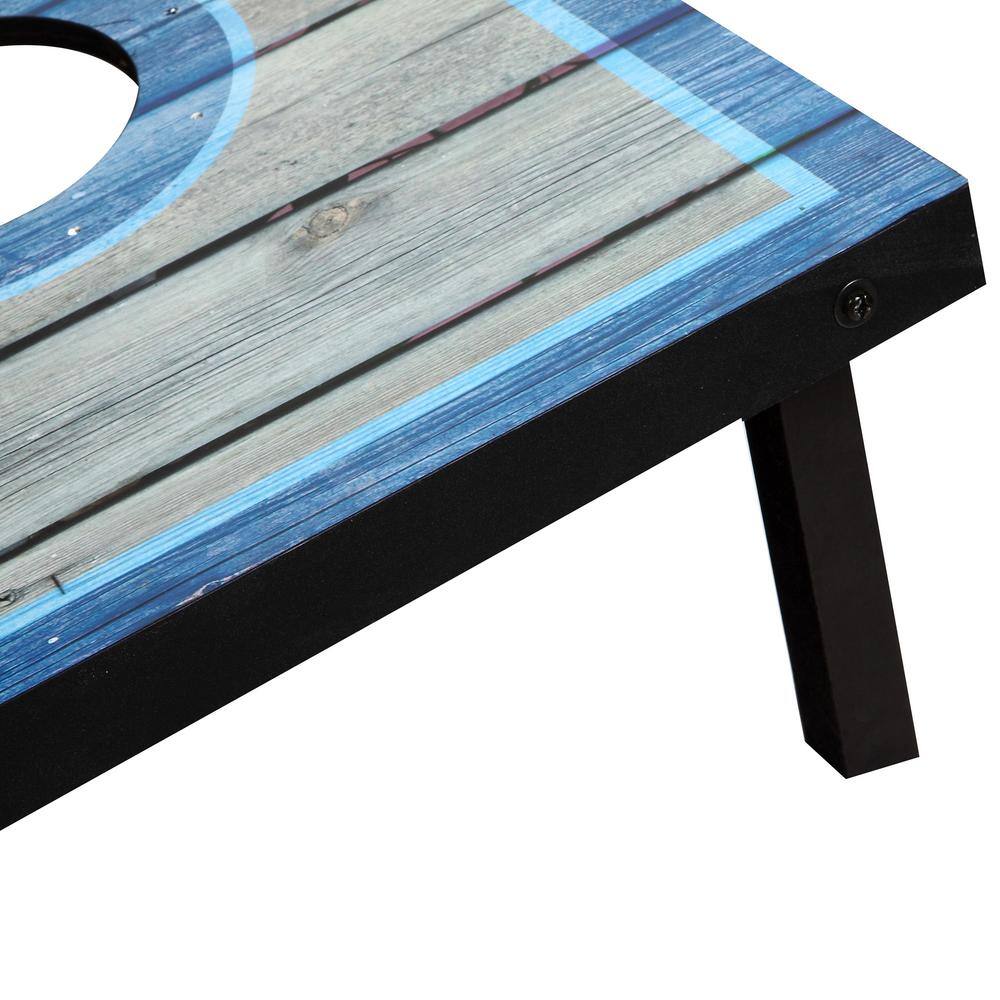 Distressed Wood LED Cornhole Set with Blue and White Bean Bags