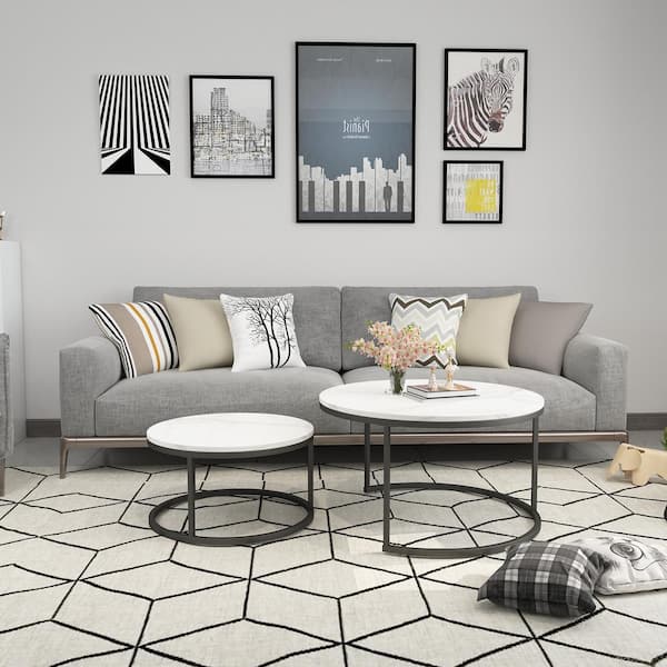CIPACHO 29 .5 in. Black Metal Frame Marble Color Top Round MDF Wood Modern Nesting Coffee Table with 2-Pieces