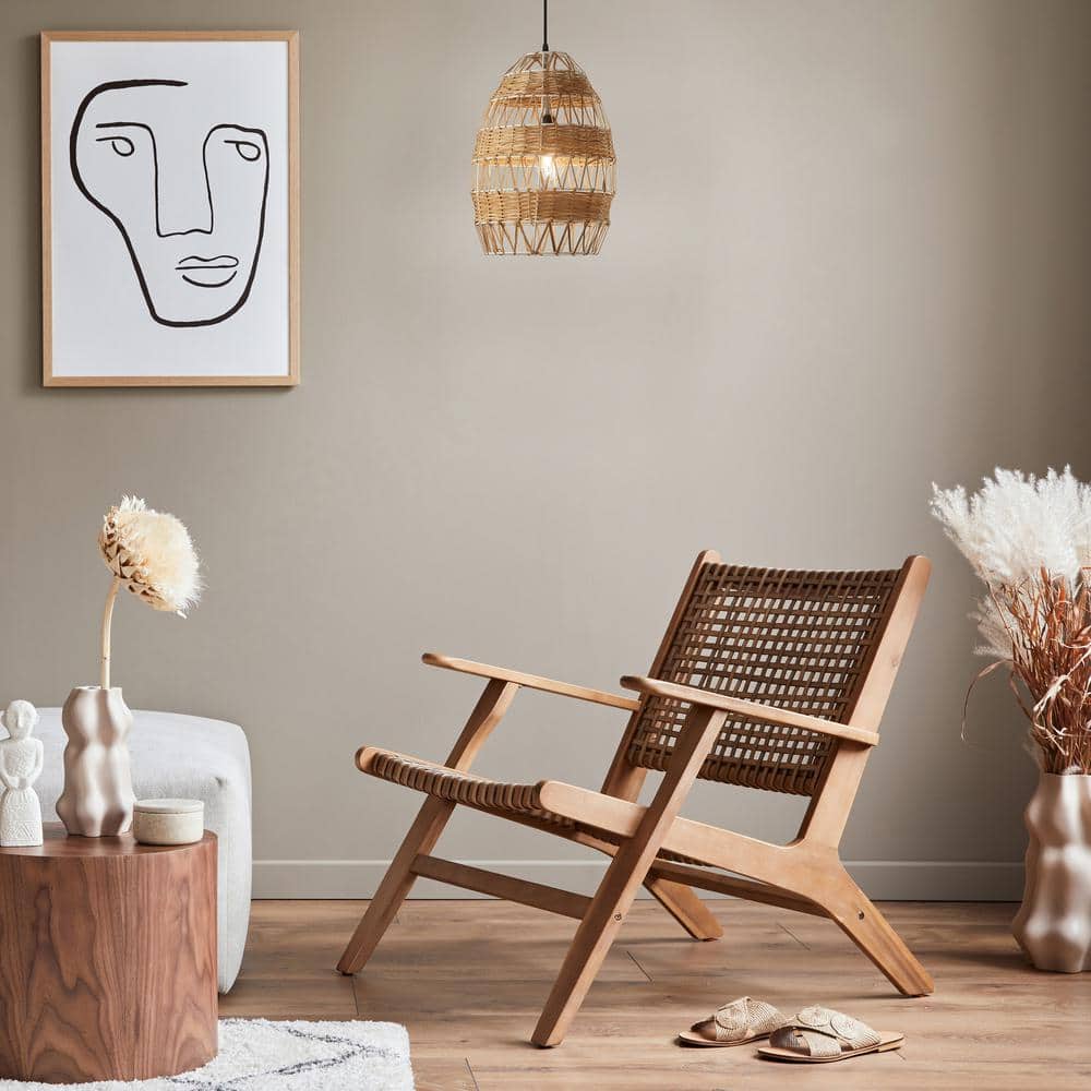 12.75" Tan Rattan and Metal Bowl Pendant Ceiling Light