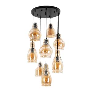 40-Watt 8-Light Black Modern Cluster Globe Pendant Light with Adjustable Height and Amber Glass Shade, No Bulbs Included