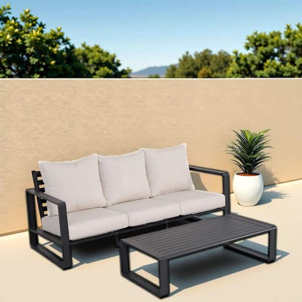 Black of 2-Pieces Aluminum Outdoor Sectional Set with Light Gray Cushions