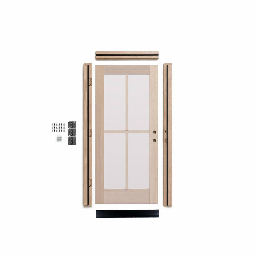 G104 36 in. x 80 in. Left Inswing Mahogany Wood 4-Lite Clear Glass Single Front Door Kit with Quick Assemble Jamb price history on PriceWatchPro