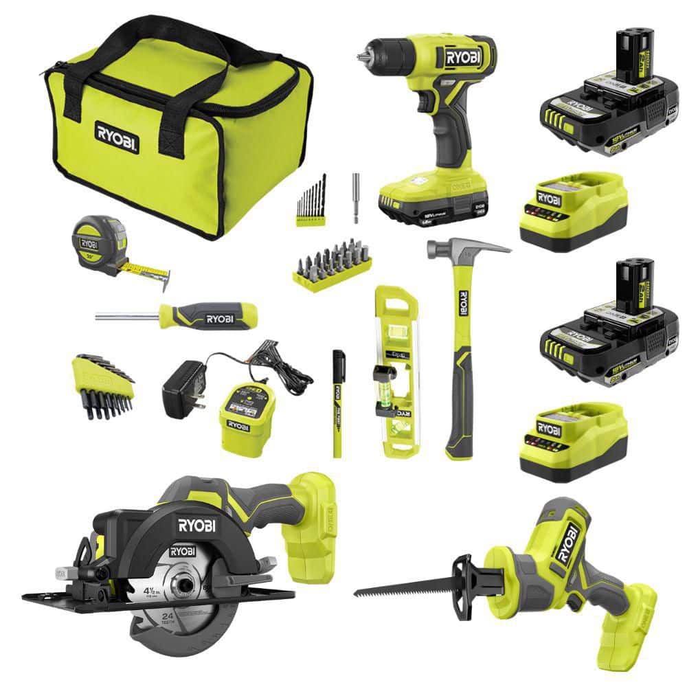 RYOBI ONE+ 18V Cordless 3-Tool Home Owner's Combo Kit with (3) Batteries, (3) Chargers, and 53 Accessories PCL1113K1-PCL400K1-PCL510K1