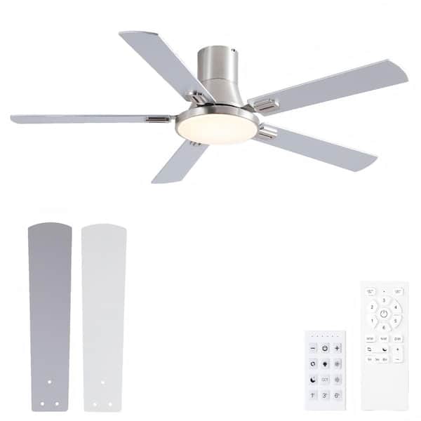 Thalion 52 in. Indoor/Outdoor Brushed Nickel Integrated LED Flush Mount Ceiling Fan with Remote and Dual-Finish Blades