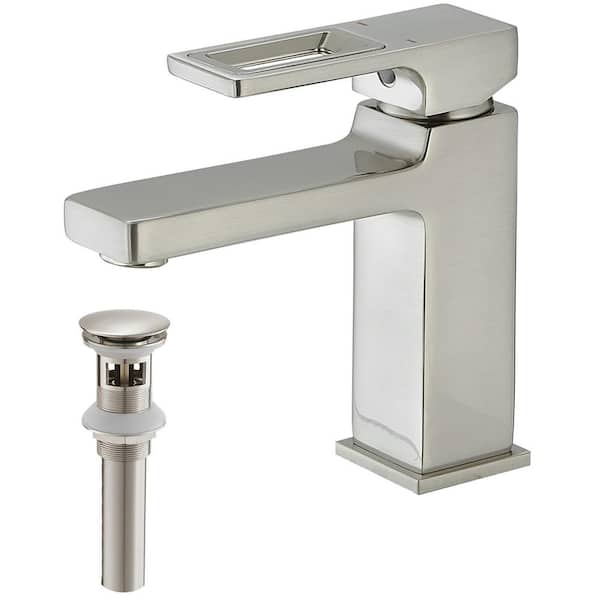 FLG Single Handle Single Hole Bathroom Faucet with Pop-up Drain Set Modern Brass Sink Basin Vanity Faucets in Brushed Nickel