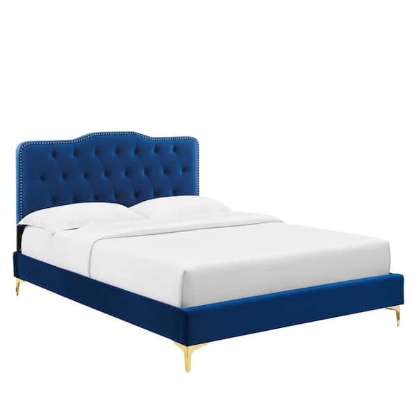 MODWAY Amber in Blue Navy Performance Velvet Frame Queen Platform Bed