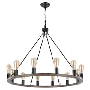 Loughlam 12-Light Black/Brown Farmhouse Candle Style Wagon Wheel Chandelier for Living Room Kitchen Island Dining Room