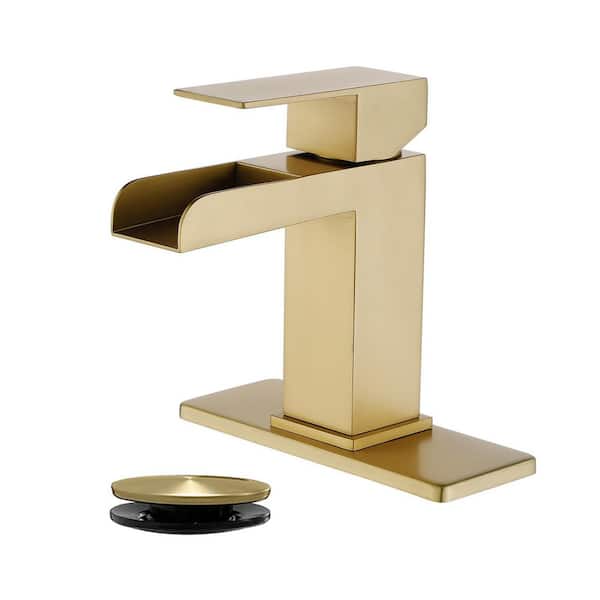 Arc Waterfall Single Handle Single Hole Bathroom Faucet with Drain Kit Included in Gold