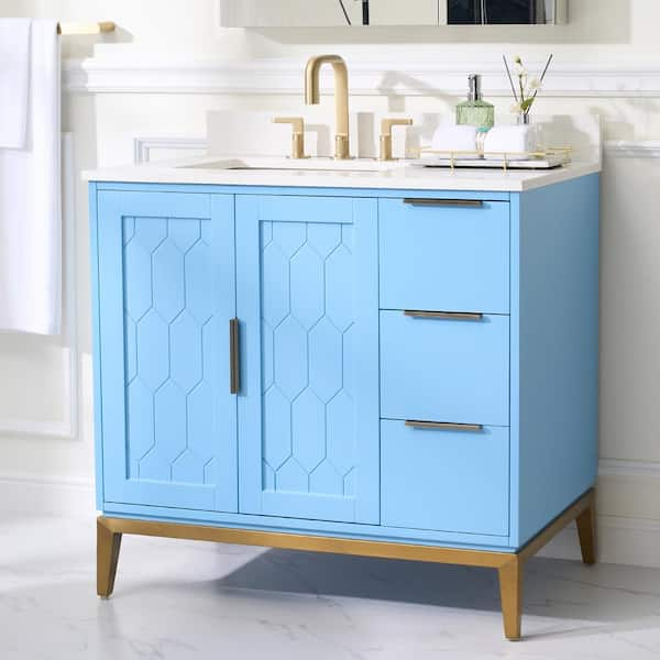 WELLFOR ALISON 36 in. W x 22 in. D x 35 in. H Single Sink Freestanding Bath Vanity in Light Blue with Carrera White Quartz Top