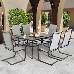 Gray 7-Piece Textilene and Iron Metal Rectangular Table with 1.57 in. Outdoor Dining Set, 6-Chairs and Umbrella Hole