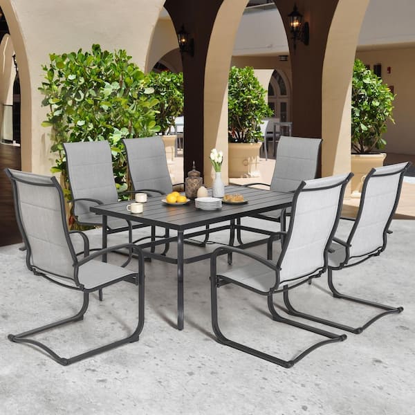 Nuu Garden Gray 7-Piece Textilene and Iron Metal Rectangular Table with 1.57 in. Outdoor Dining Set, 6-Chairs and Umbrella Hole