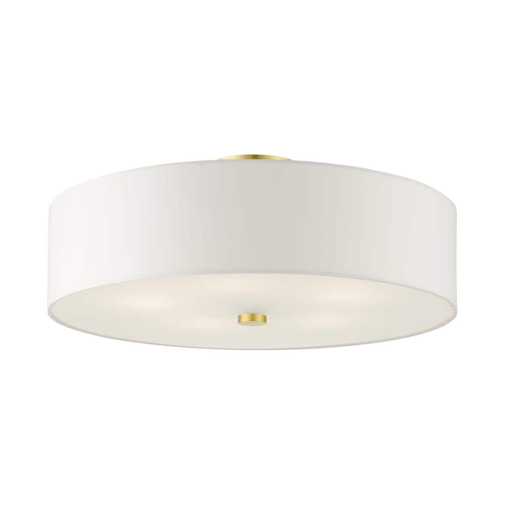 Satin Brass 5-Light Semi-Flush Drum Ceiling Fixture with Off-White Shade