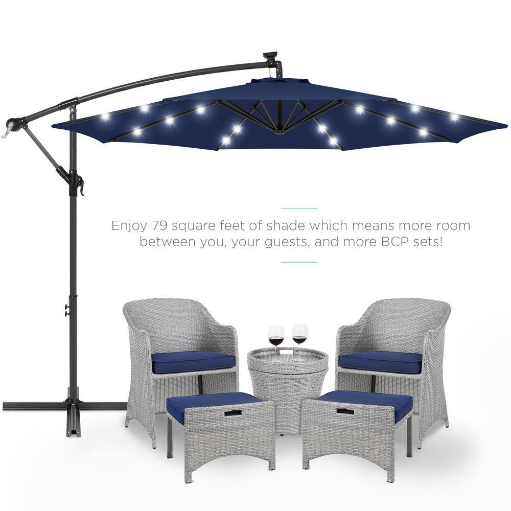10ft Navy Blue Solar LED Offset Patio Umbrella with Adjustable Tilt
