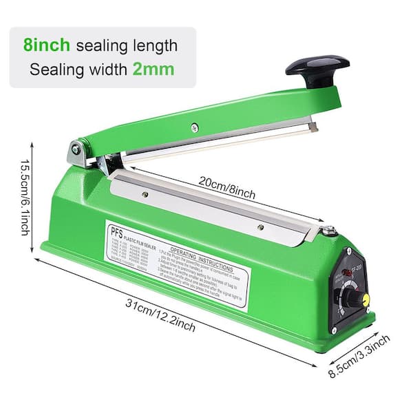 SEEUTEK Biolde 8 inch Green Impulse Bag Sealer, Solid Metal Manual Food Vacuum Sealer Machine with Adjustable Heating Mode