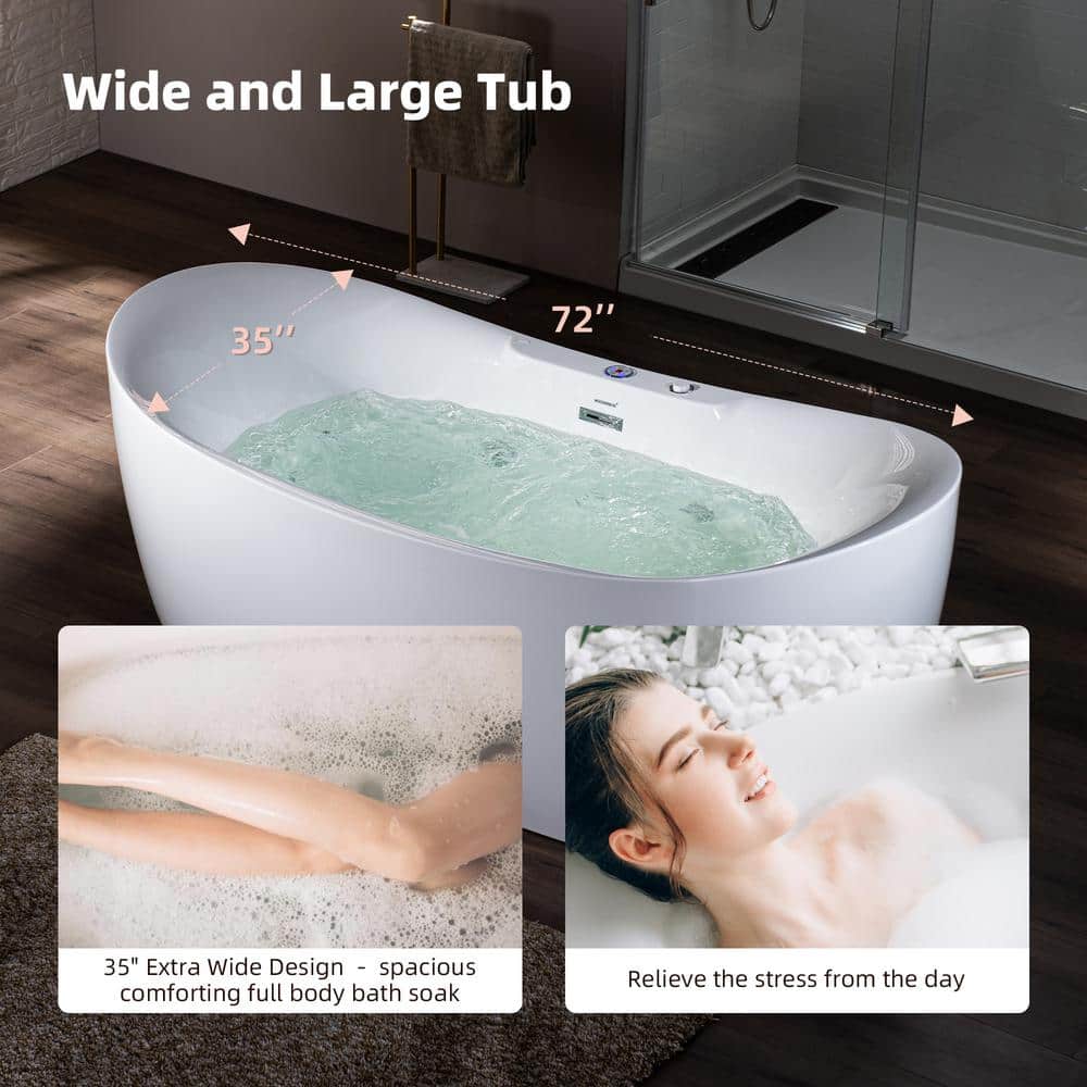 72" White Acrylic Freestanding Heated Soaking Bathtub