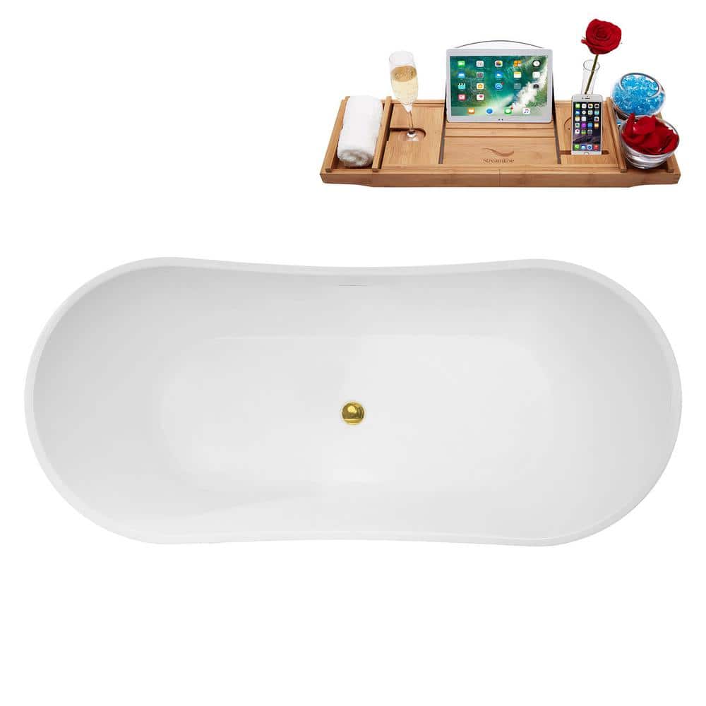 67" Glossy White Acrylic Freestanding Double Slipper Bathtub with Polished Gold Trim