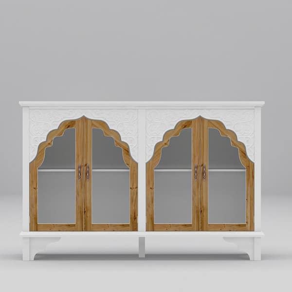 FUFU&GAGA White Finished Wooden Classical Accent Storage Cabinet, Sideboard, Bookcase with 4-Shleves and Tempered Glass Doors
