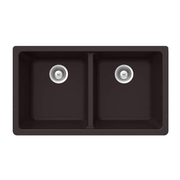 HOUZER Alive Series Undermount Granite 33x18.5x9.5 0-hole Double Basin Kitchen Sink in Chocolate