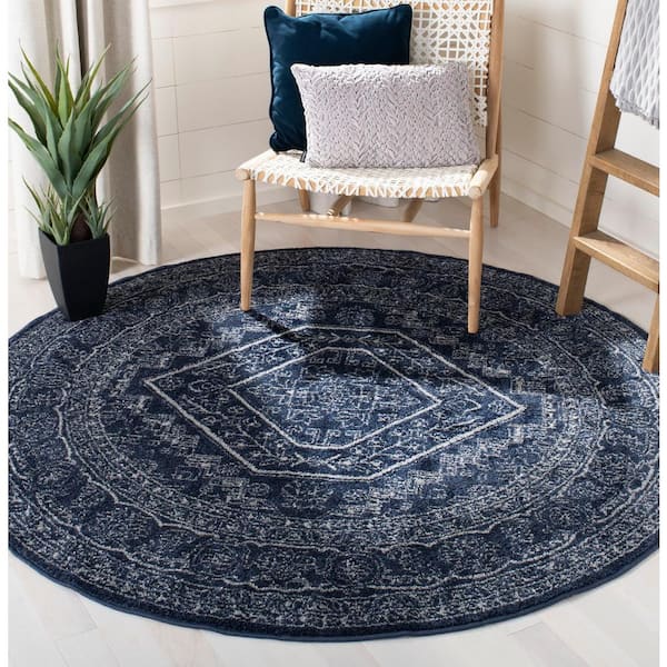 Adirondack Navy/Ivory 12 ft. x 12 ft. Border Medallion Round Area Rug