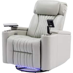 Gray Home Theater Power Swivel Rocker Recliner with Storage, Cup, Phone Holders, USB Outlet and 360° Swivel Tray Table