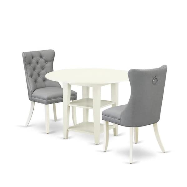 East West Furniture 3-Piece Linen White Finish Round Solid Wood Top With Dropleaf Dining Table Set