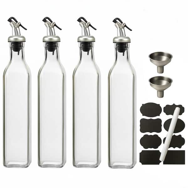 17 oz. Glass Clear Olive Oil Dispenser Bottle with Pourer Spout and Stainless Steel Funnel for Kitchen 4-Pack