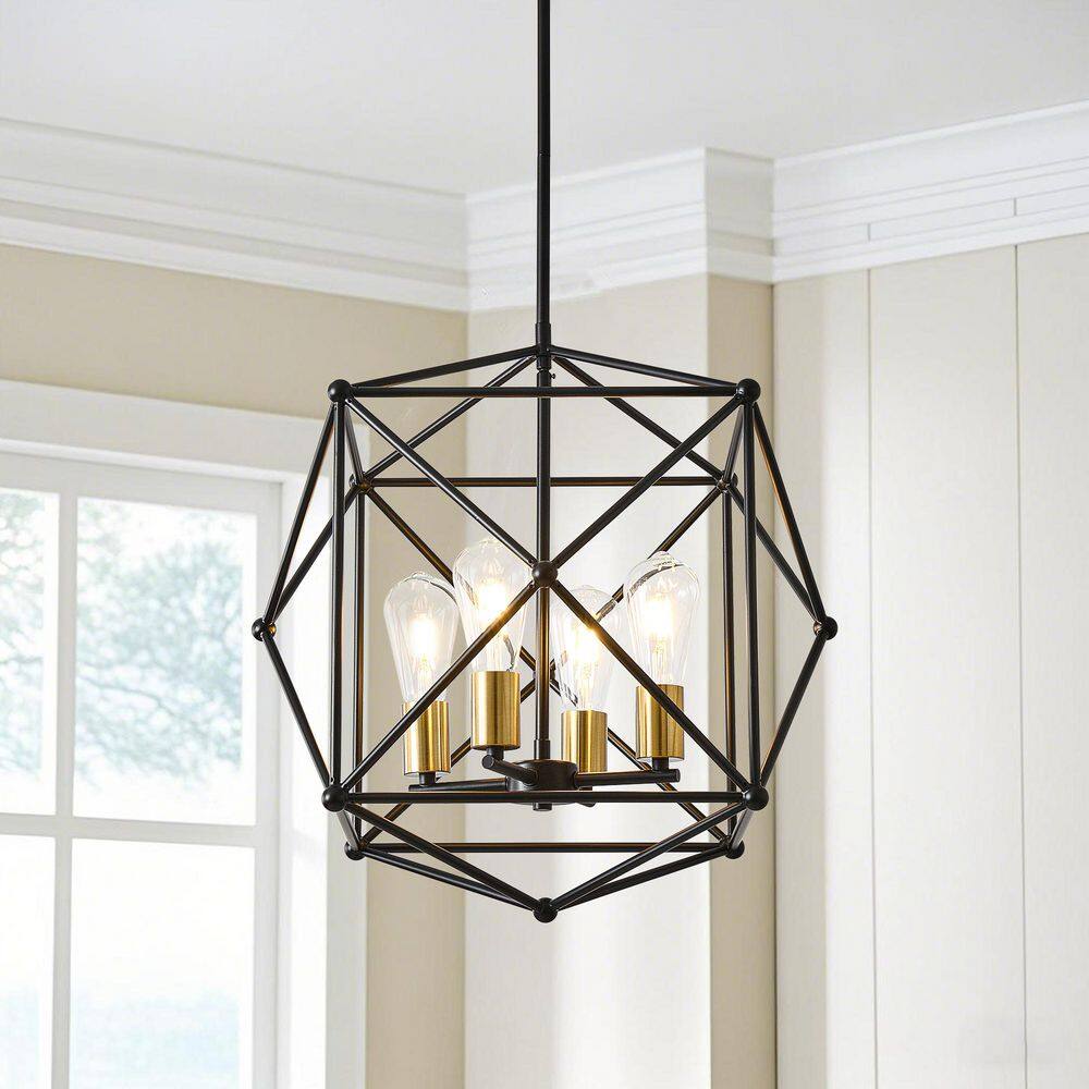 Industrial 4-Light Black and Gold Modern Geometric Metal Cage Chandelier for Kitchen Island Dining Room price history on PriceWatchPro