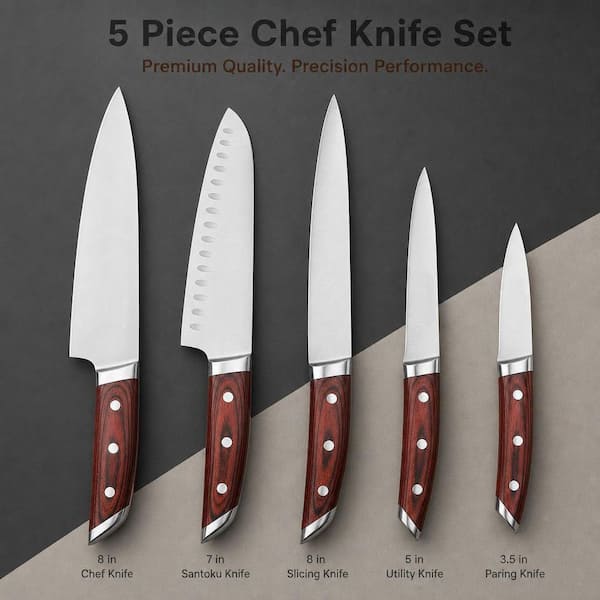 Numhew 5-Piece Stainless Steel Japanese Knife Set with Elegant Red