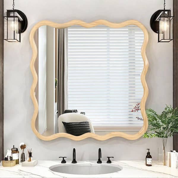 36 in. W x 36 in. H Wavy Square Solid Wood Framed Wall Bathroom Vanity Mirror in Pine