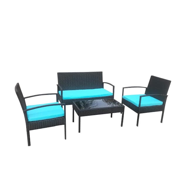 Unbranded 4-Piece Wicker Outdoor Sectional Set with Sky Blue Cushions